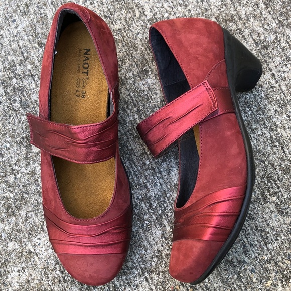 7 Naot Red Suede Mary Jane Pumps Velcro Strap Leather - Picture 1 of 8